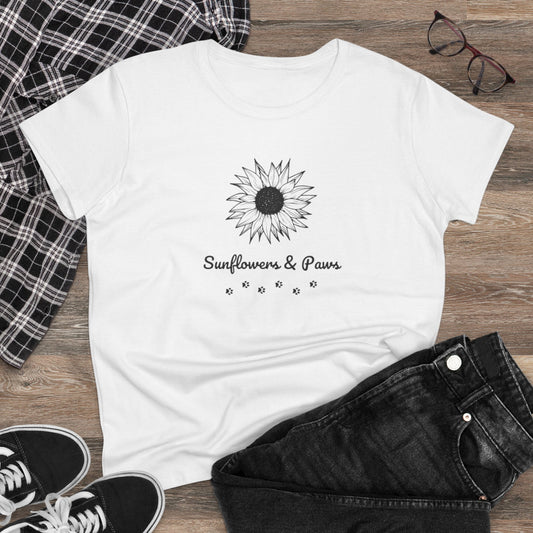 Sunflower & Paws Women's Cotton Tee | Cute Animal Lover T-Shirt
